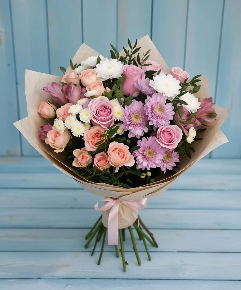 Букет цветов из: Хризантемы, Розы и Альстромерии в Стародеревянковской