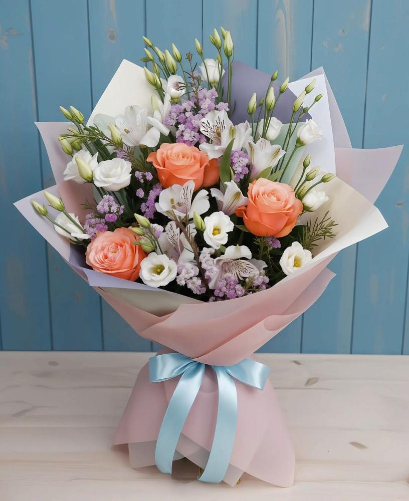 Букет цветов из: Лизиантусы, Розы, Альстромерии и Гипсофила в Стародеревянковской