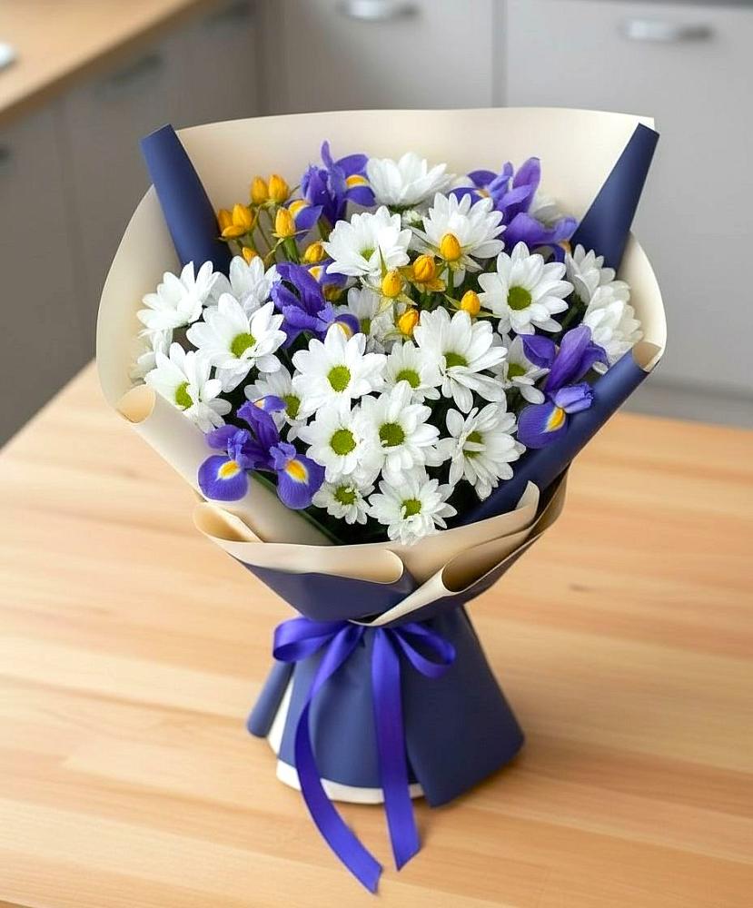 Букет цветов из: Розы, Ирисы и Хризантемы в Стародеревянковской