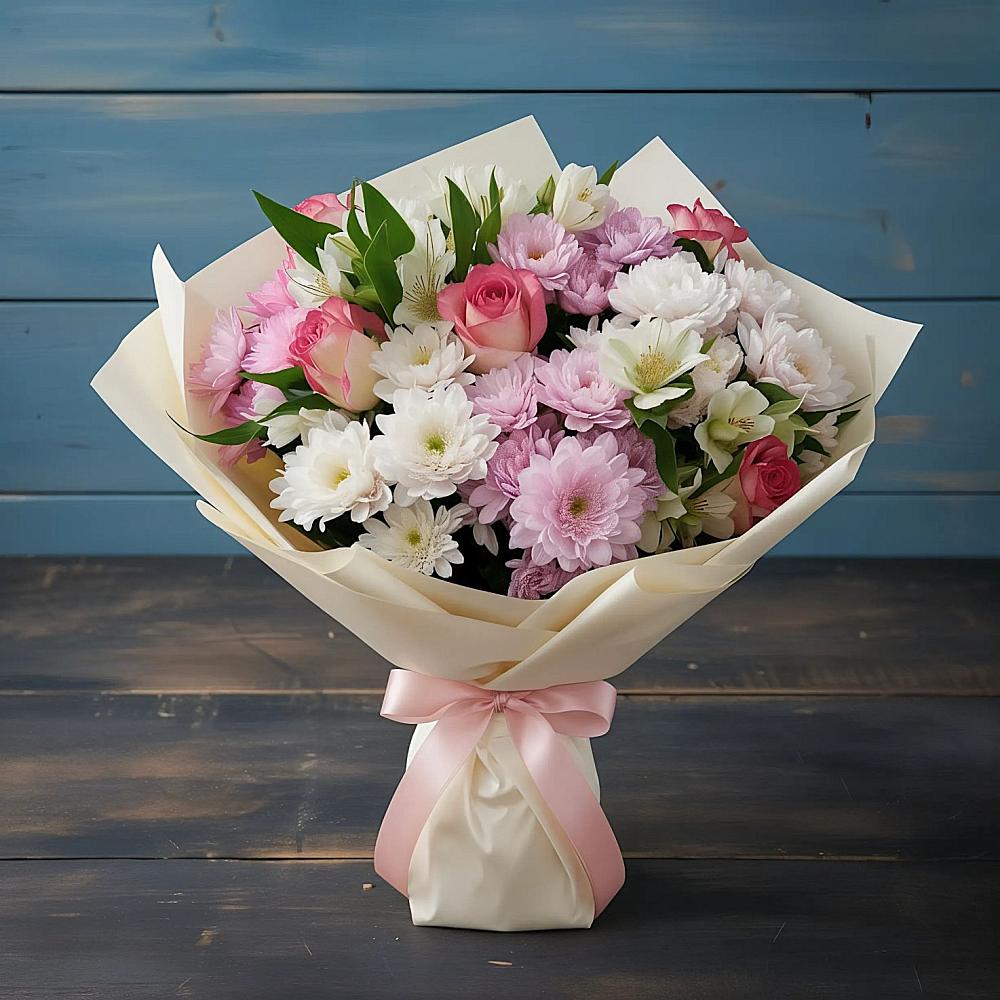 Букет цветов из: Хризантемы, Альстромерии и Розы в Стародеревянковской